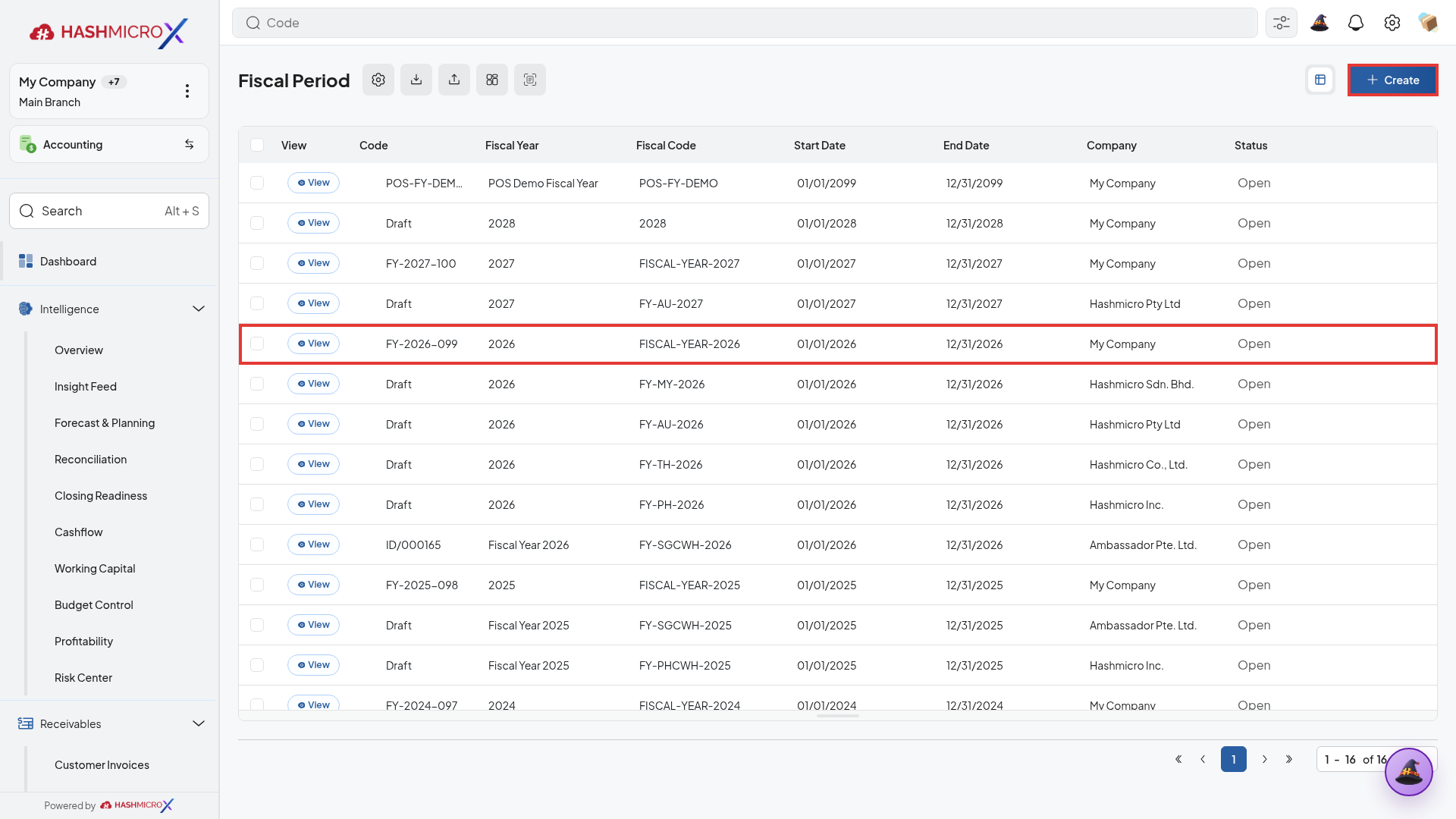 Daftar Fiscal Periods pada HMX live dengan baris aktif FY-2026-099 dan tombol Create