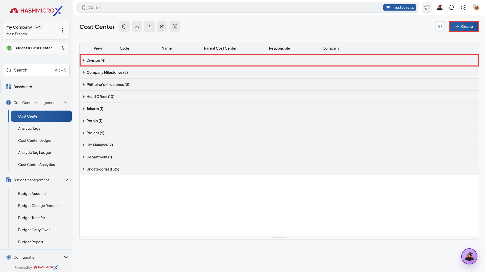 Daftar Cost Center pada HMX live dengan grup induk Division dan tombol Create