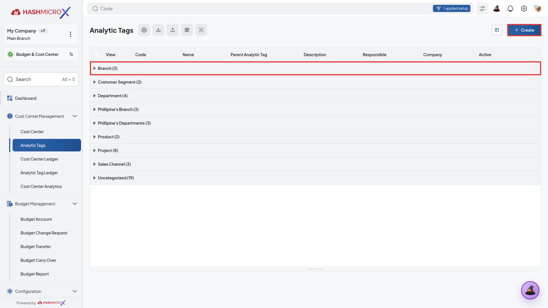 Daftar Analytic Tags pada HMX live dengan grup Branch dan tombol Create