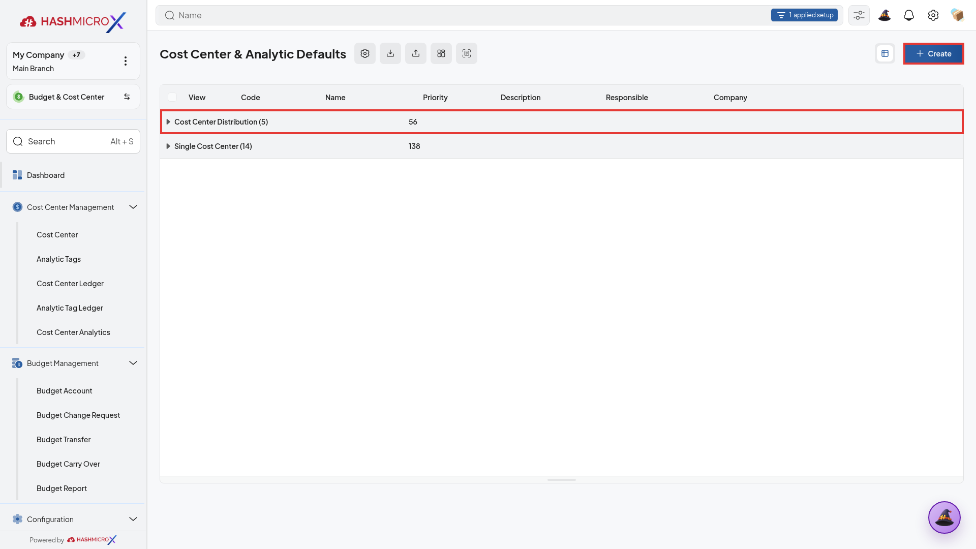 Daftar Cost Center & Analytic Defaults pada HMX live dengan grup Cost Center Distribution dan tombol Create