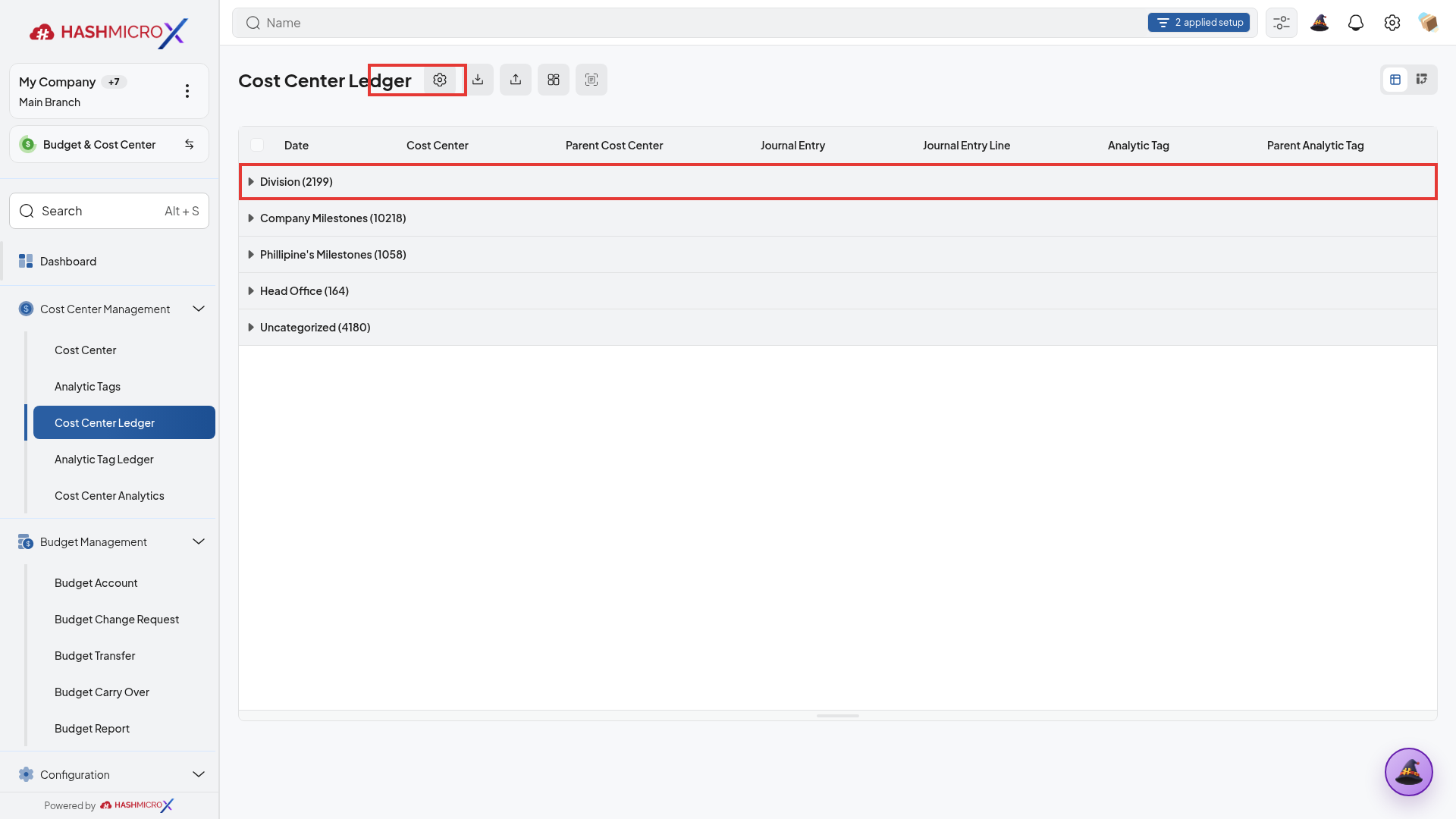 Daftar Cost Center Ledger pada HMX live dengan grup Division dan indikator filter
