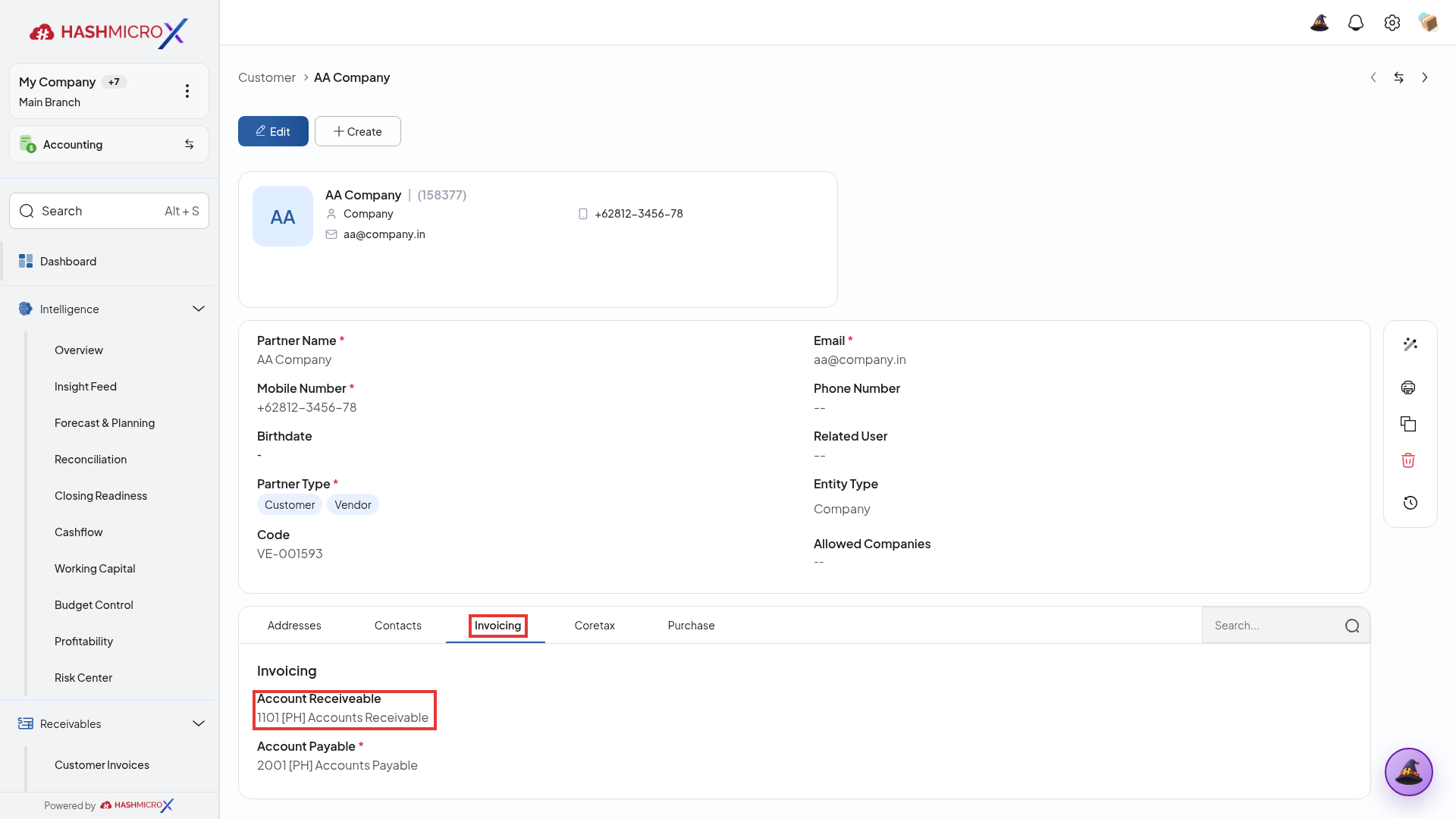 Tab Invoicing pada Customer dengan field Account Receivable