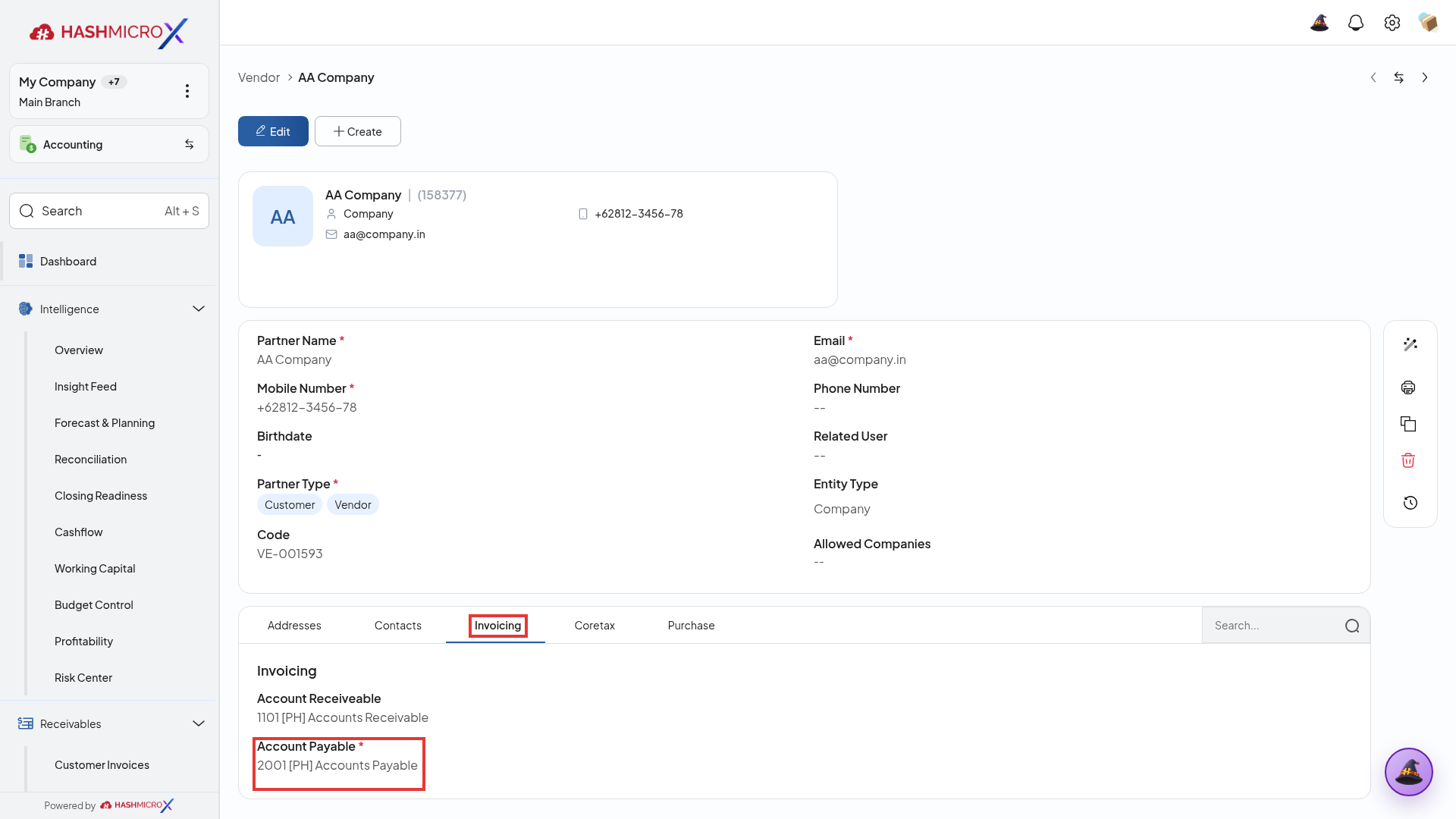 Tab Invoicing pada Vendor dengan field Account Payable