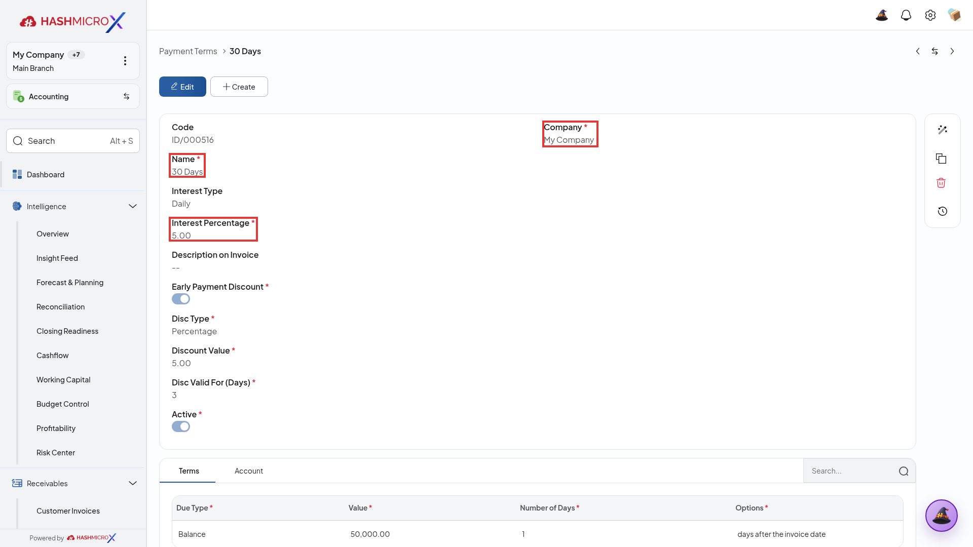Formulir parameter Payment Terms 30 Days