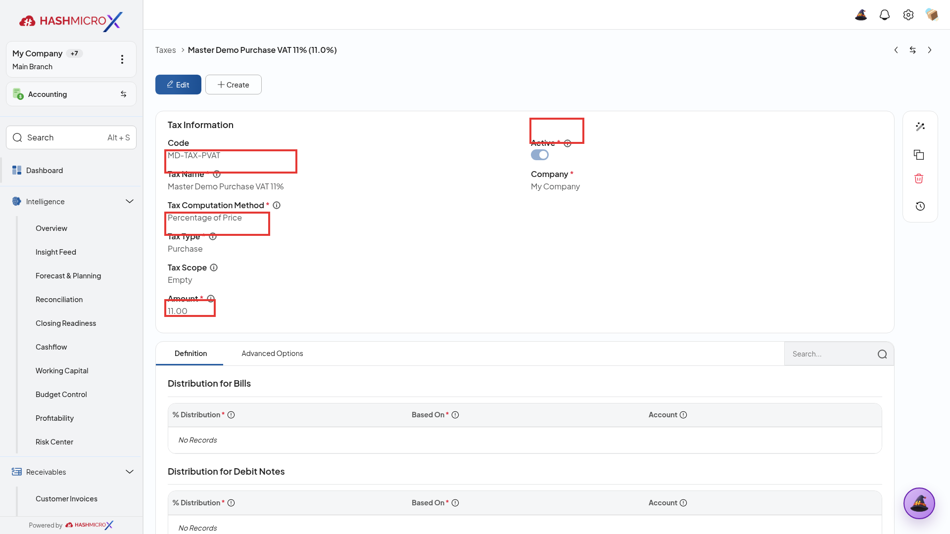 Formulir parameter utama Tax Information
