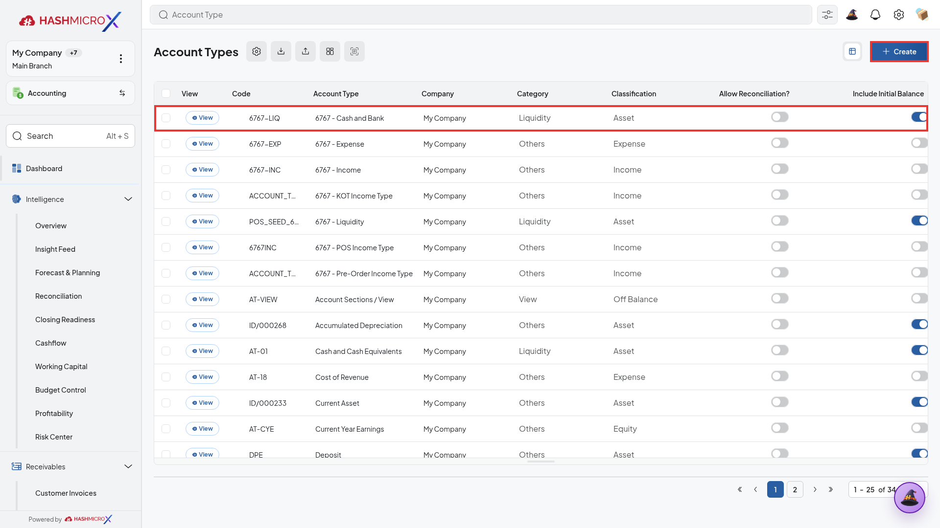 Daftar Account Types pada HMX live dengan baris 6767-LIQ dan tombol Create