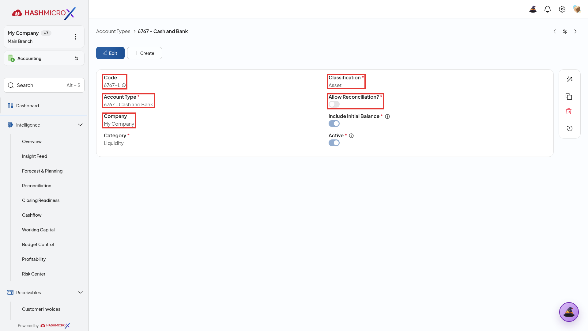 Formulir detail Account Type 6767 - Cash and Bank