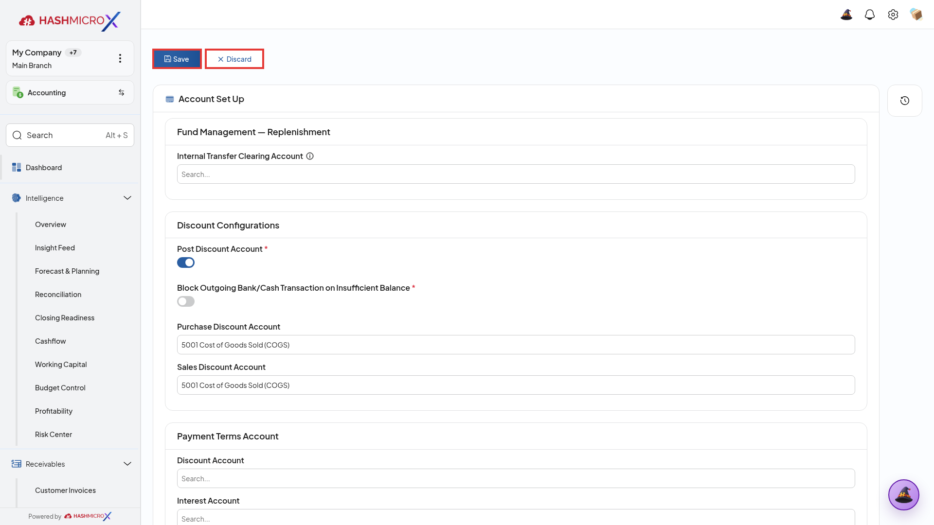 Bilah navigasi Accounting Settings pada HMX live dengan tombol Save dan Discard