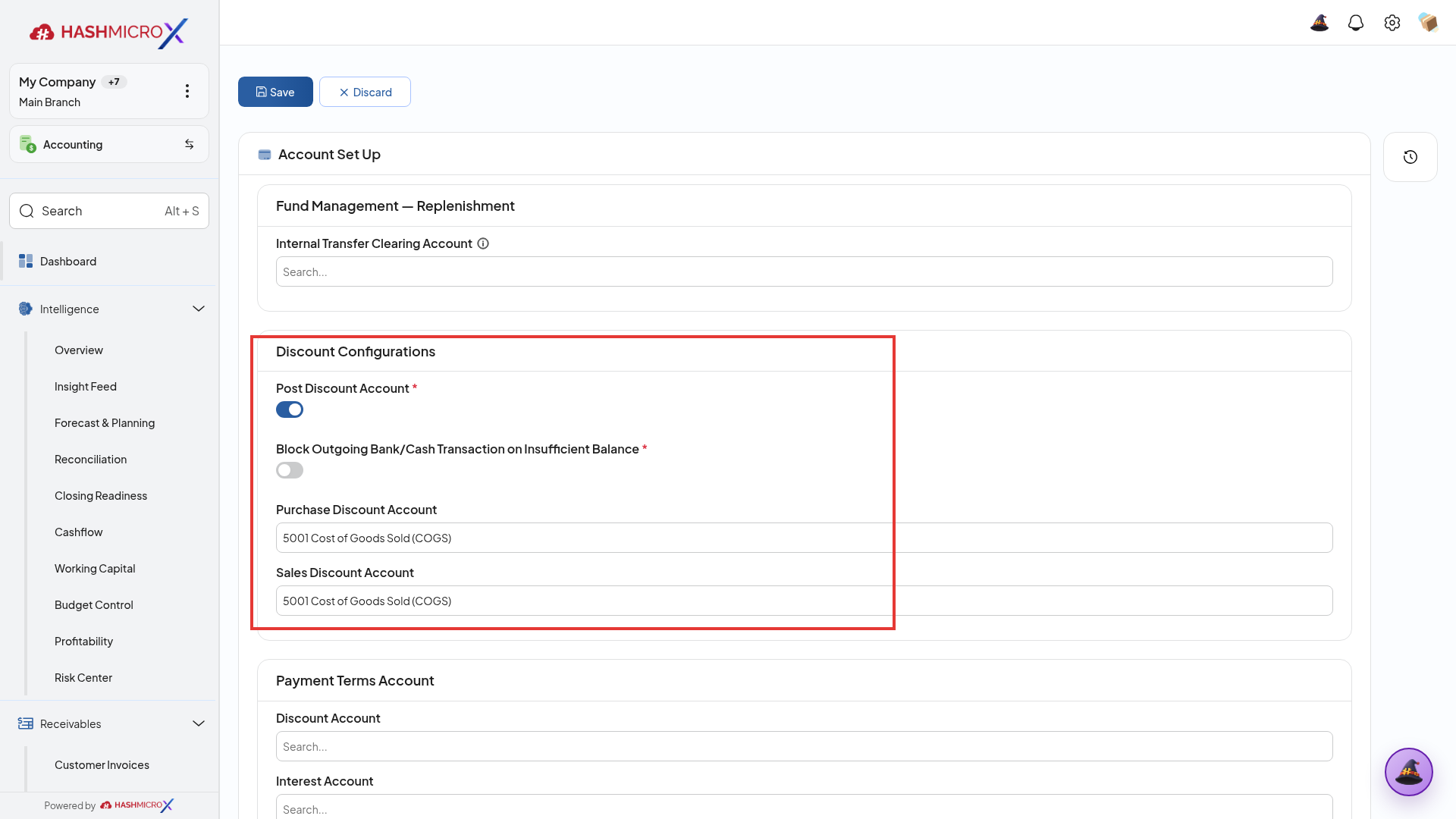 Seksi Discount Configurations dengan toggle Post Discount Account dan pemetaan COGS