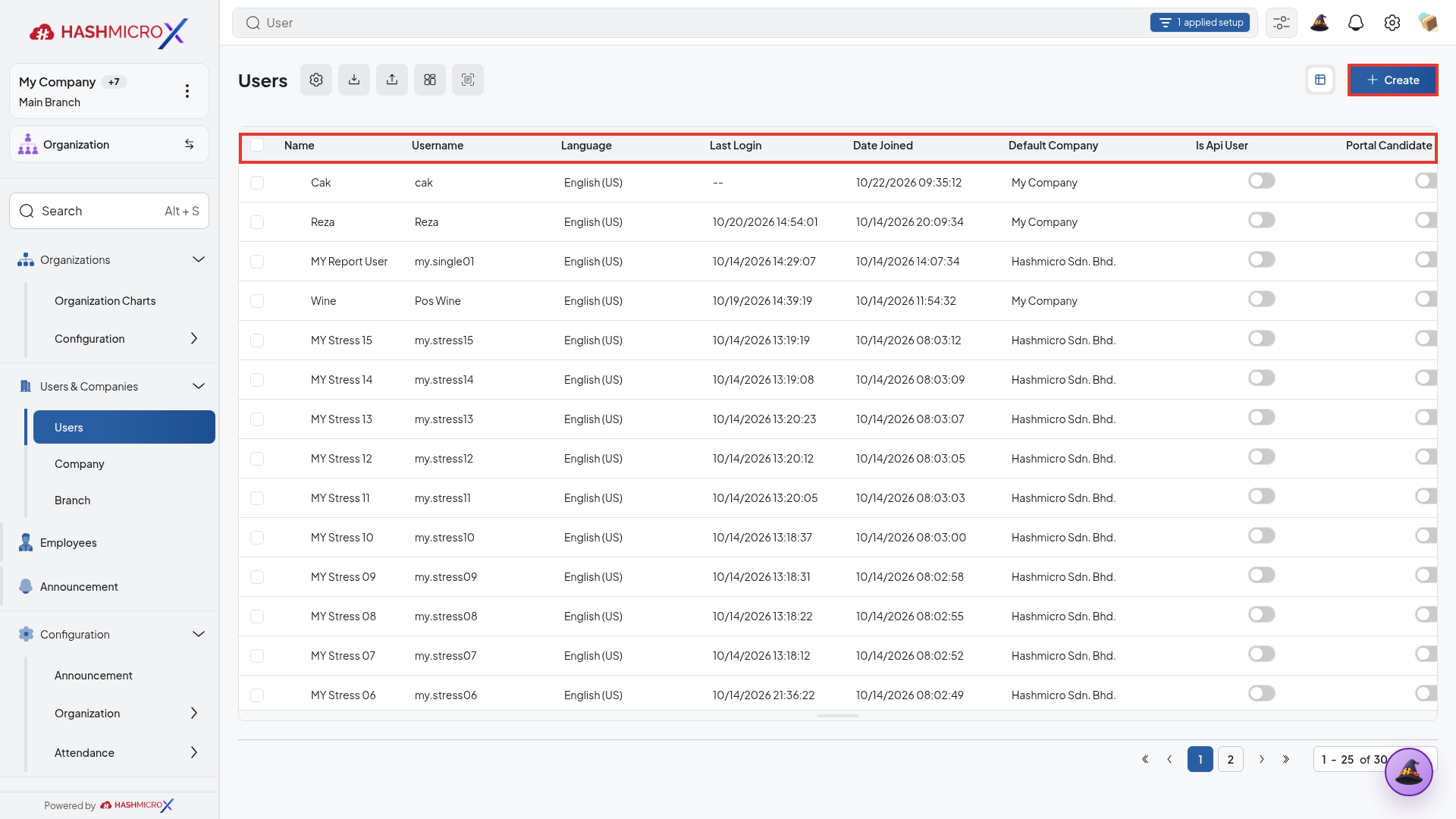 Direktori pengguna Users pada HMX live dengan daftar nama dan tombol Create