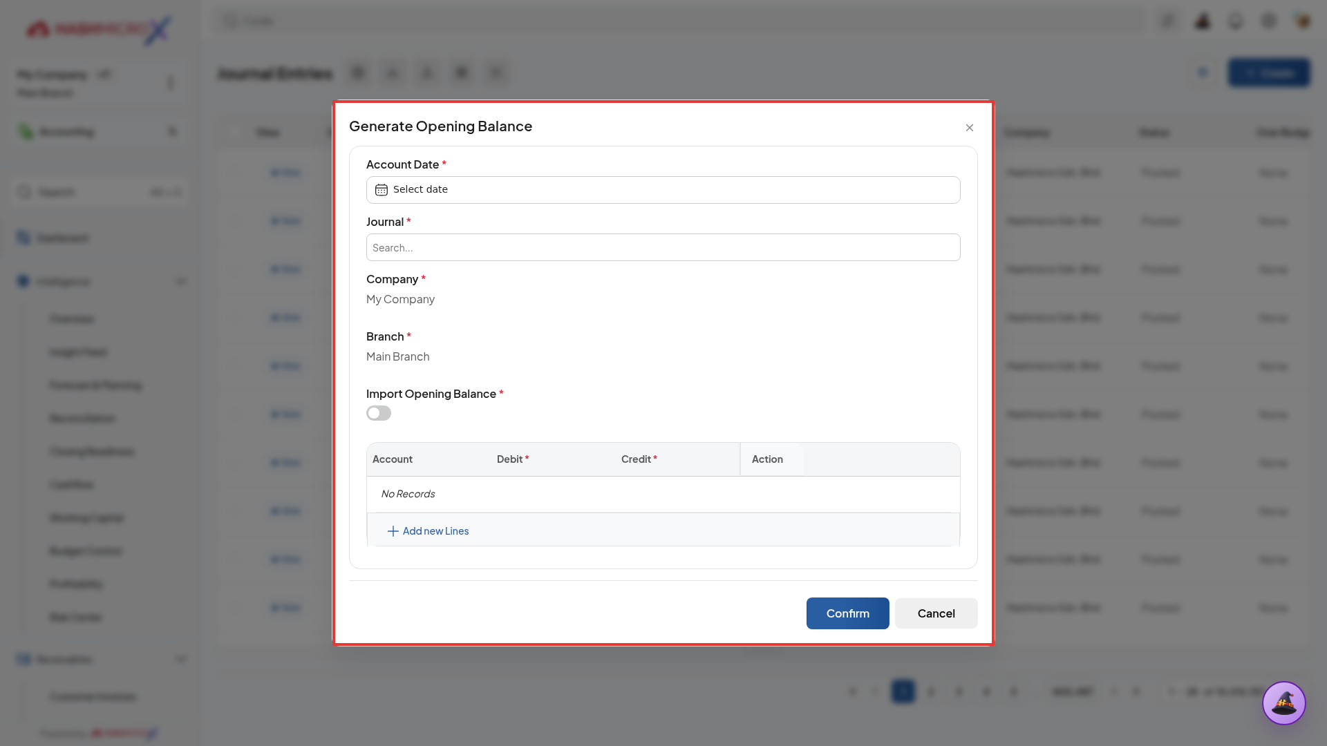 Dialog modal Generate Opening Balance pada HMX live