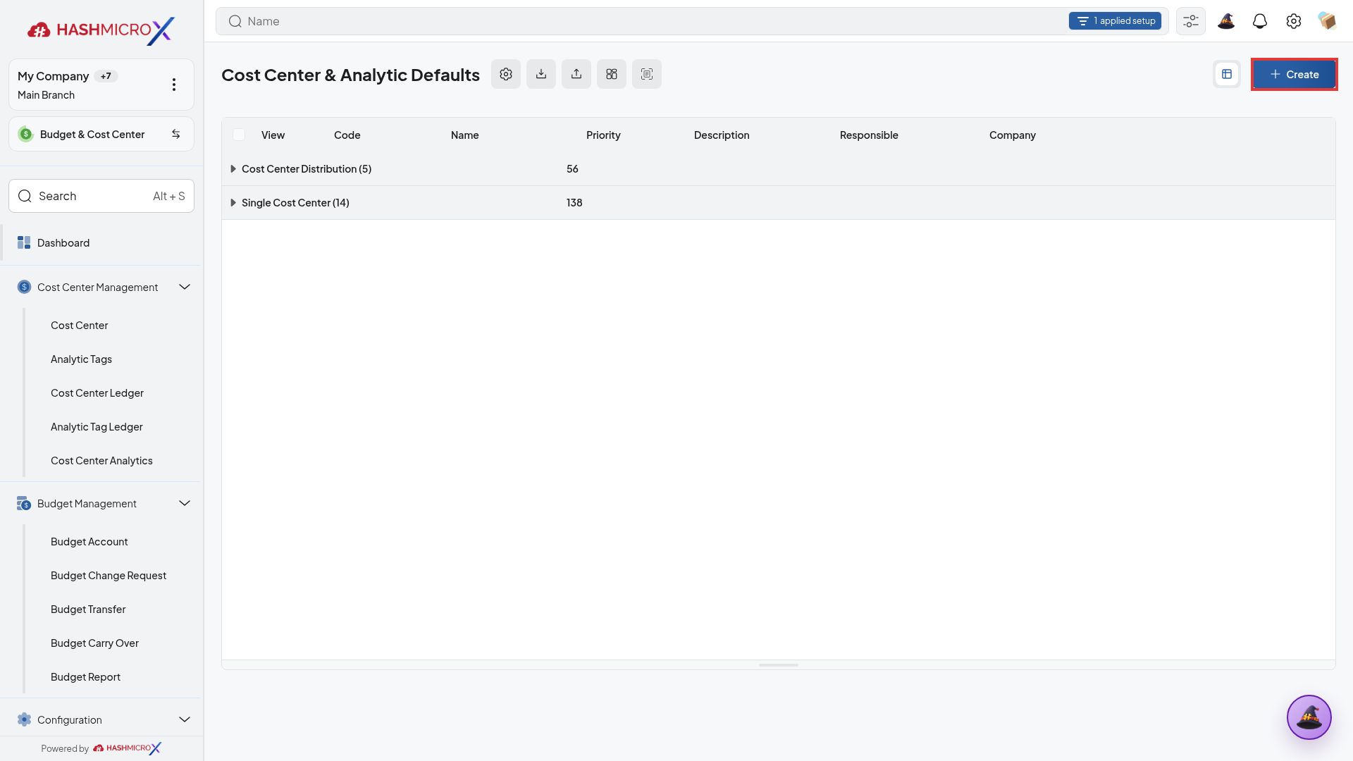 Daftar Cost Center & Analytic Defaults pada HMX live dengan tombol + Create terbingkai border merah