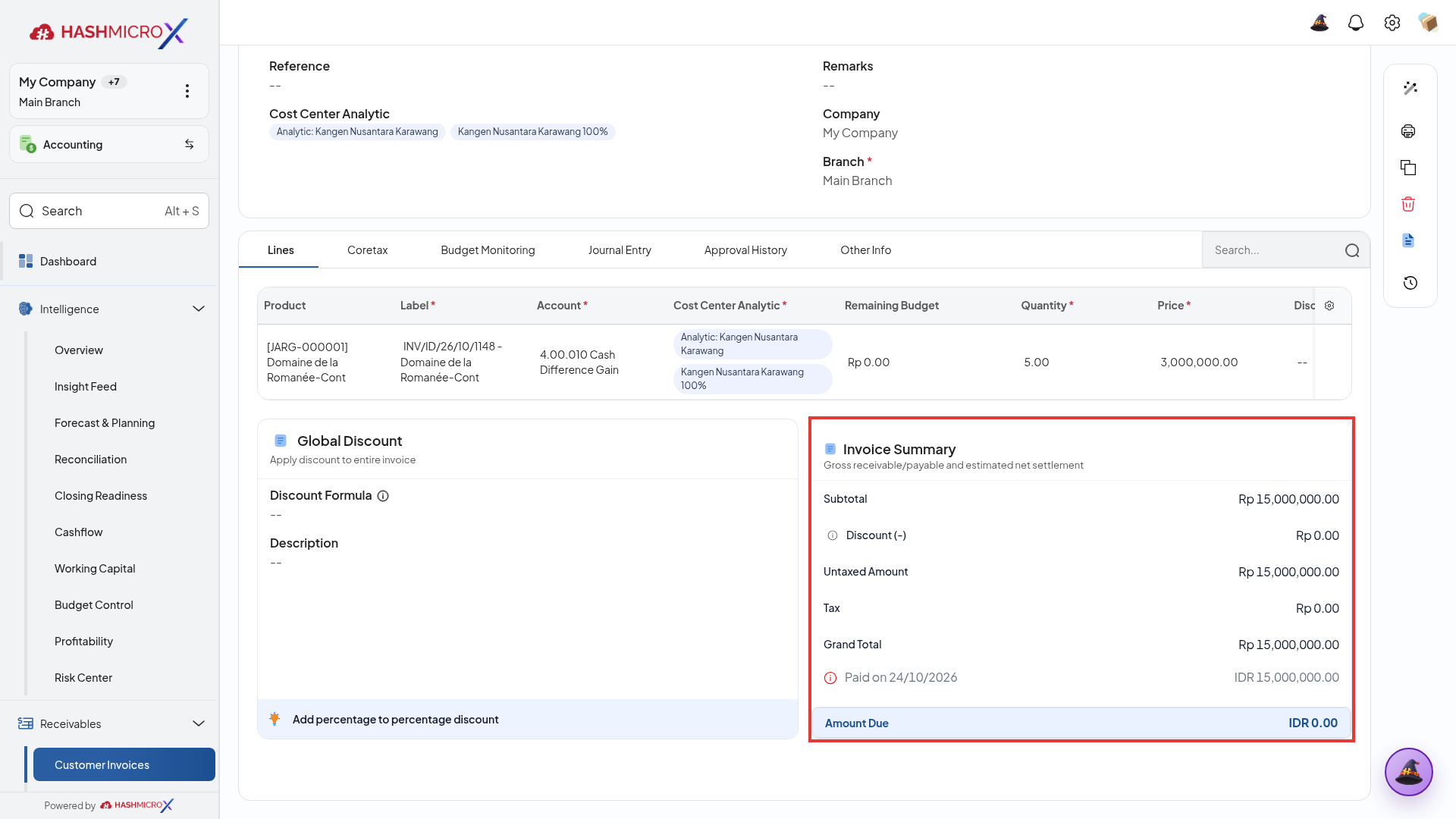 Kartu Invoice Summary yang merinci Subtotal DPP diskon pajak dan Grand Total faktur terbingkai border merah