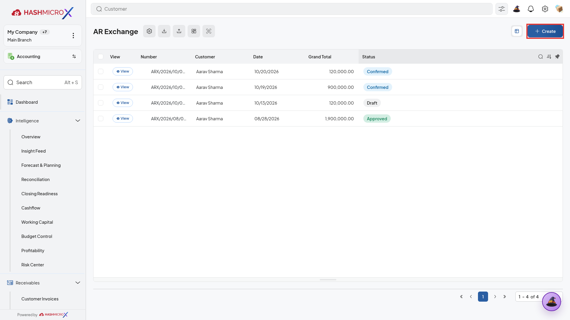 Daftar transaksi penyesuaian kurs piutang AR Exchange dengan tombol Create terbingkai border merah