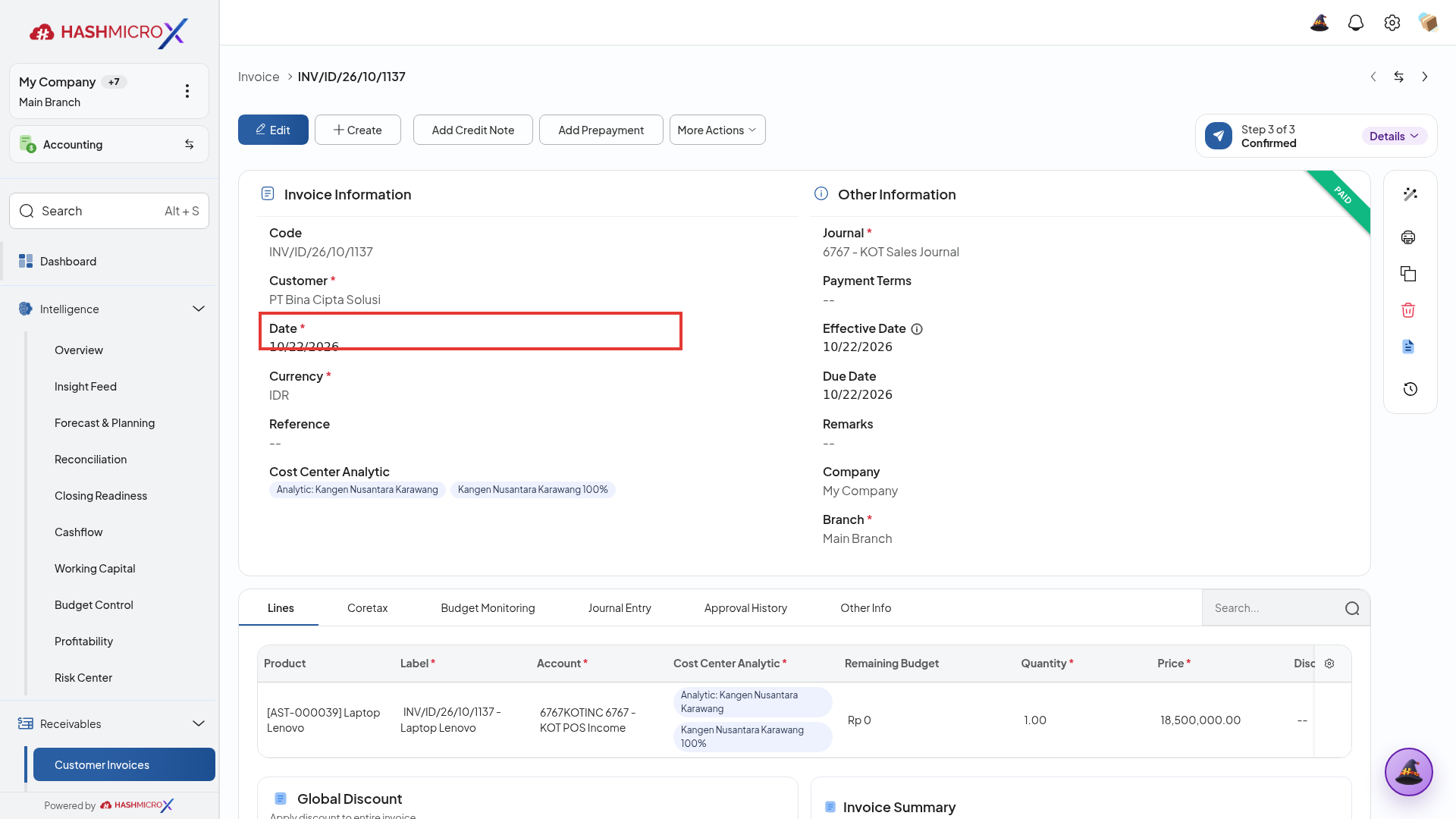 Formulir faktur dengan kolom Cost Center Analytic otomatis terbingkai border merah