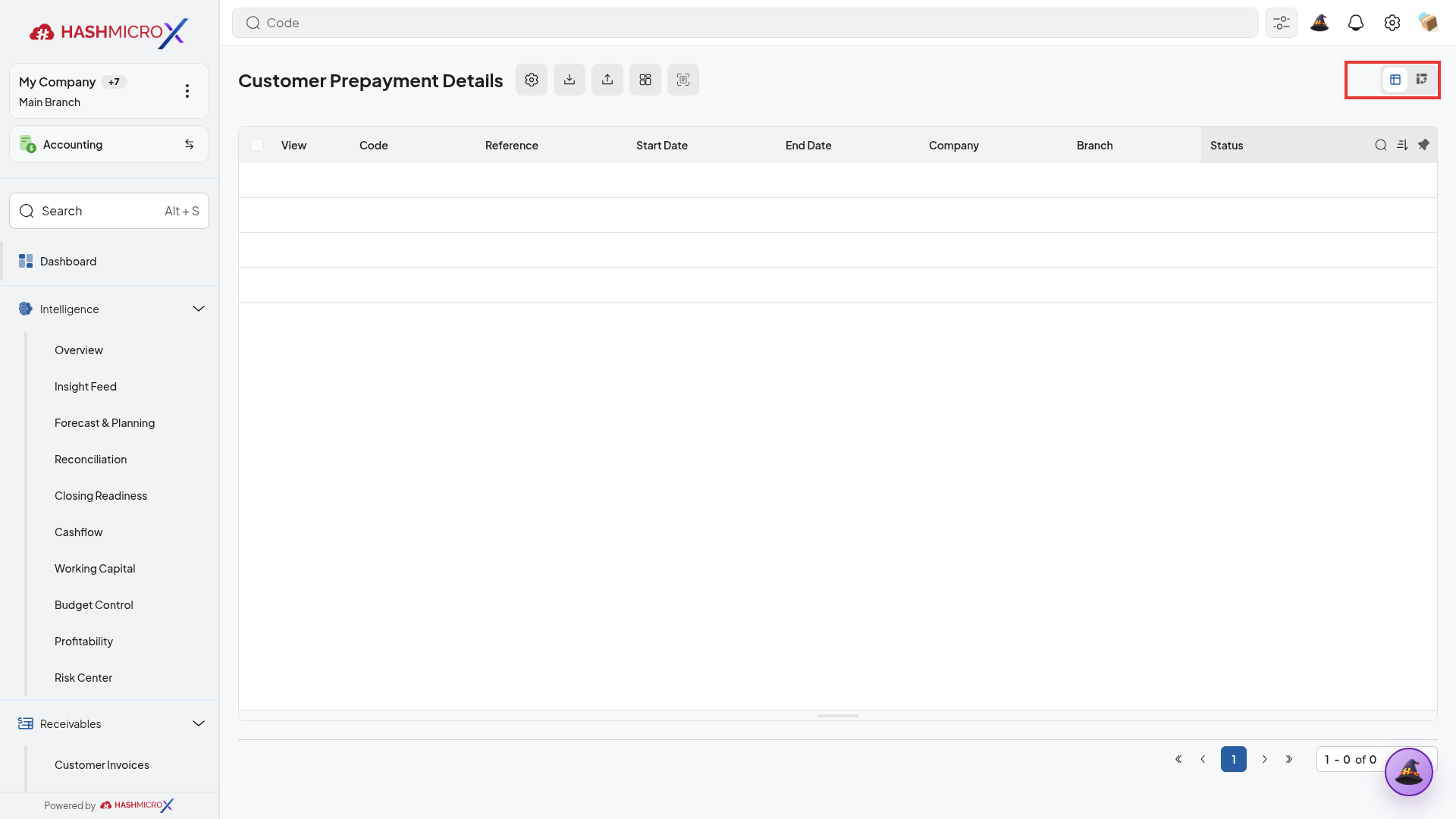 Menu Customer Prepayment Details dengan tombol Create terbingkai border merah