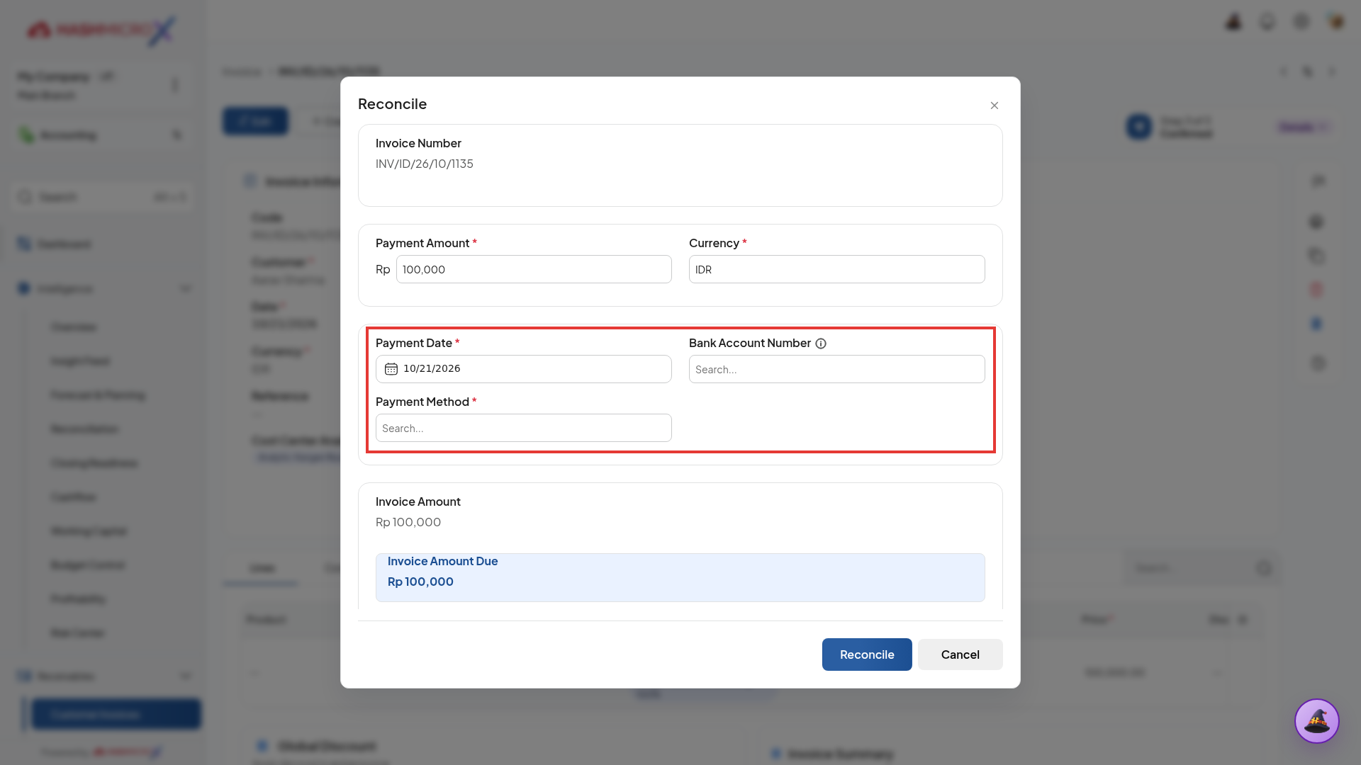 Modal Reconcile pembayaran dengan field Bank Account Number dan Payment Method terbingkai border merah