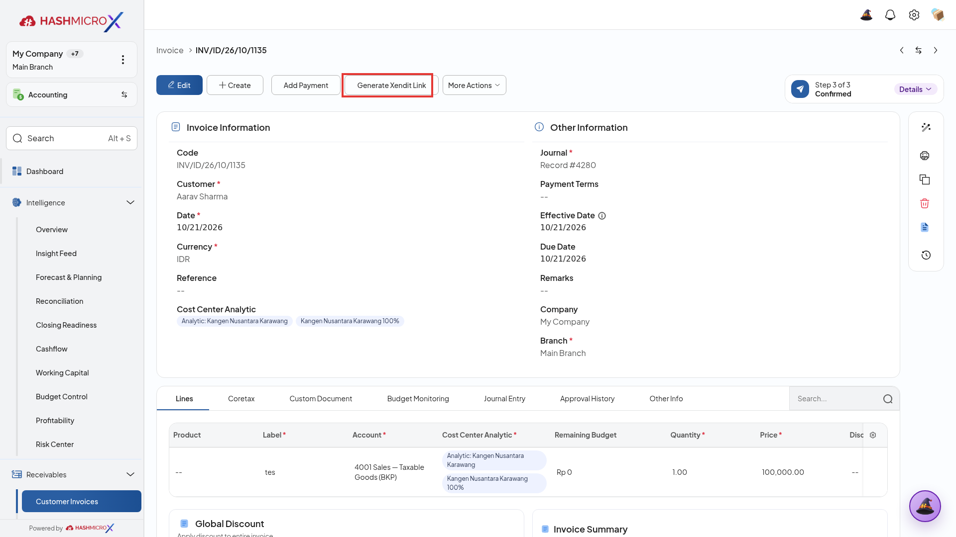 Formulir faktur penjualan dengan tombol Generate Xendit Link terbingkai border merah
