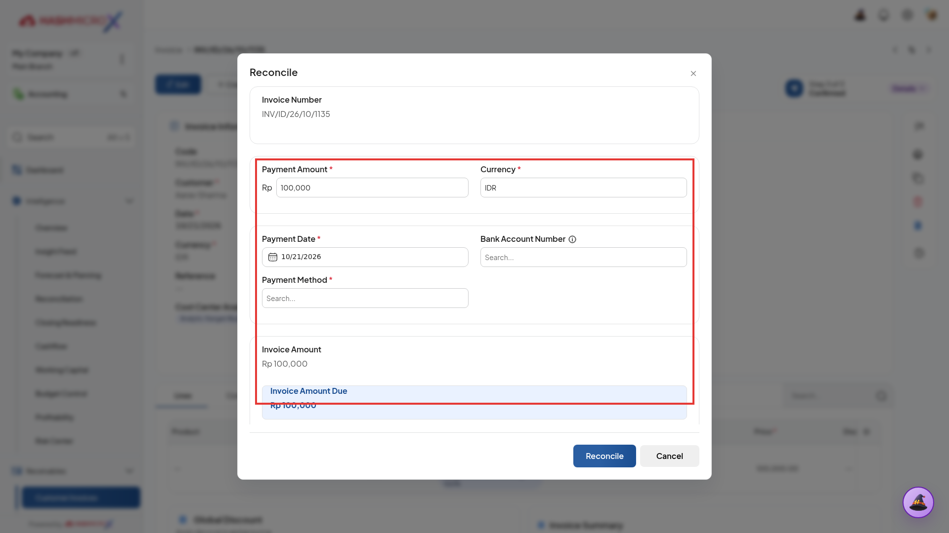 Modal dialog Reconcile dengan kolom Payment Amount dan Invoice Amount Due terbingkai border merah