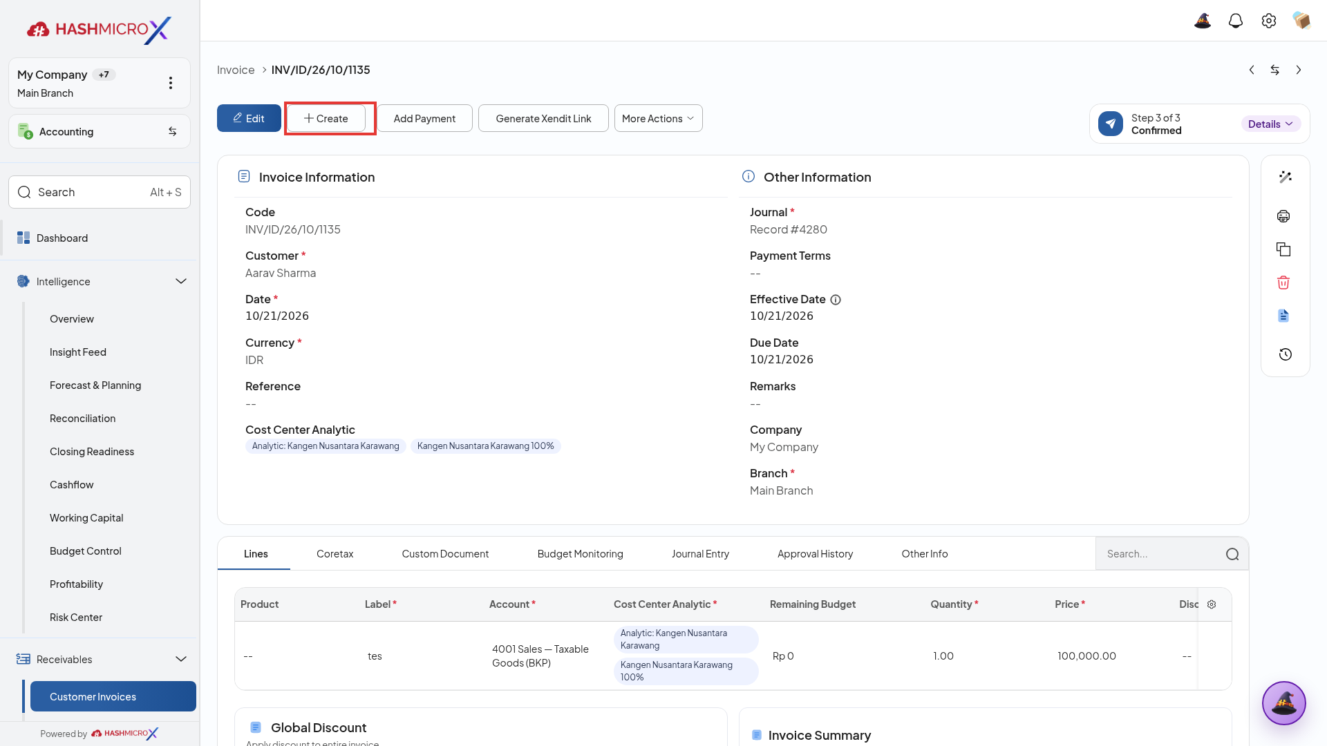 Formulir faktur penjualan dengan tombol Add Credit Note terbingkai border merah
