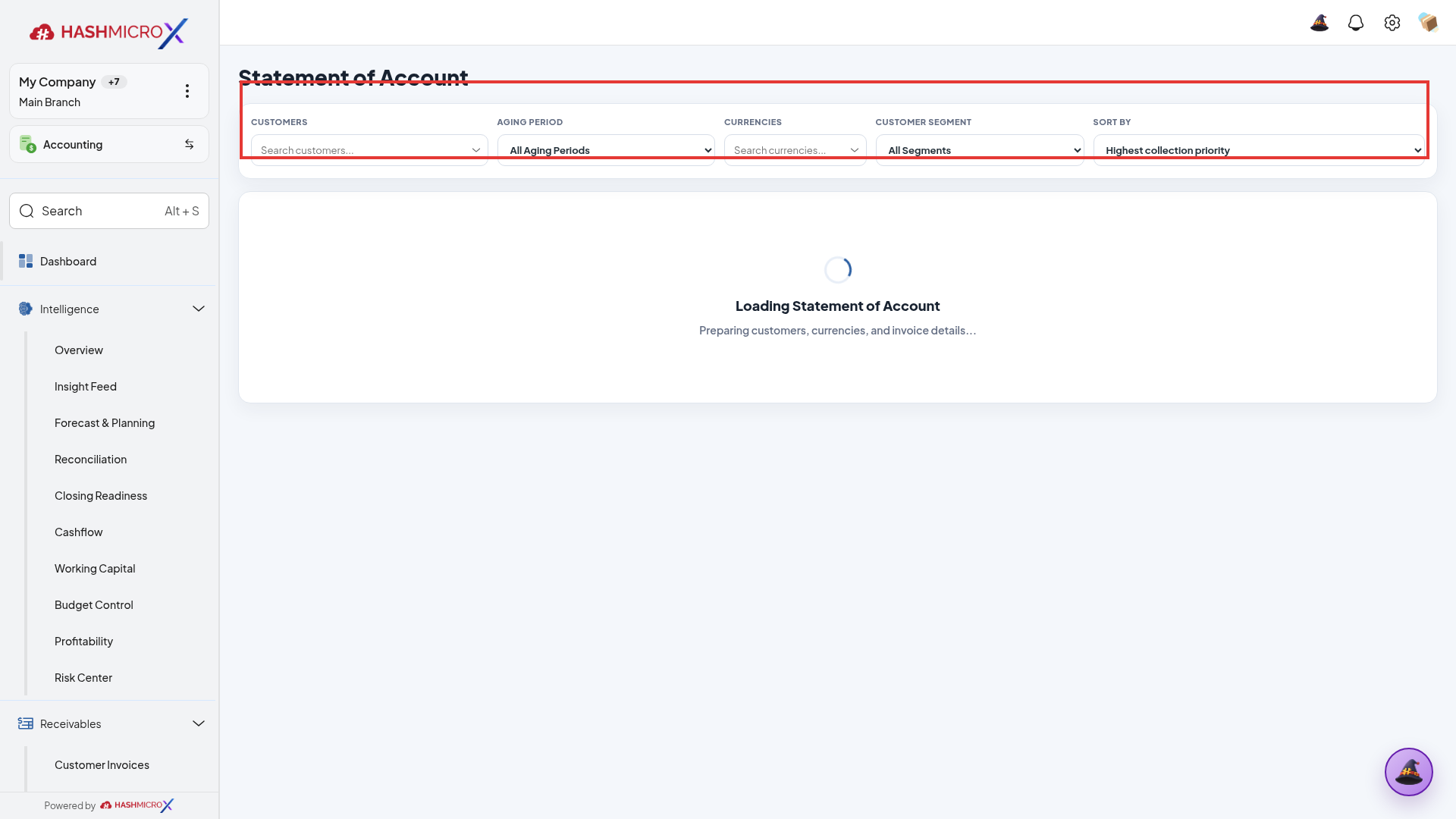 Antarmuka Statement of Account dengan bilah filter pelanggan dan periode terbingkai border merah