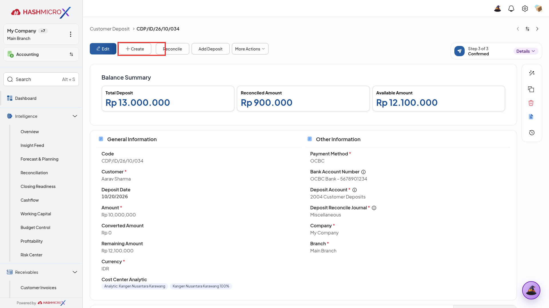 Formulir Customer Deposit dengan tombol Convert to Revenue terbingkai border merah