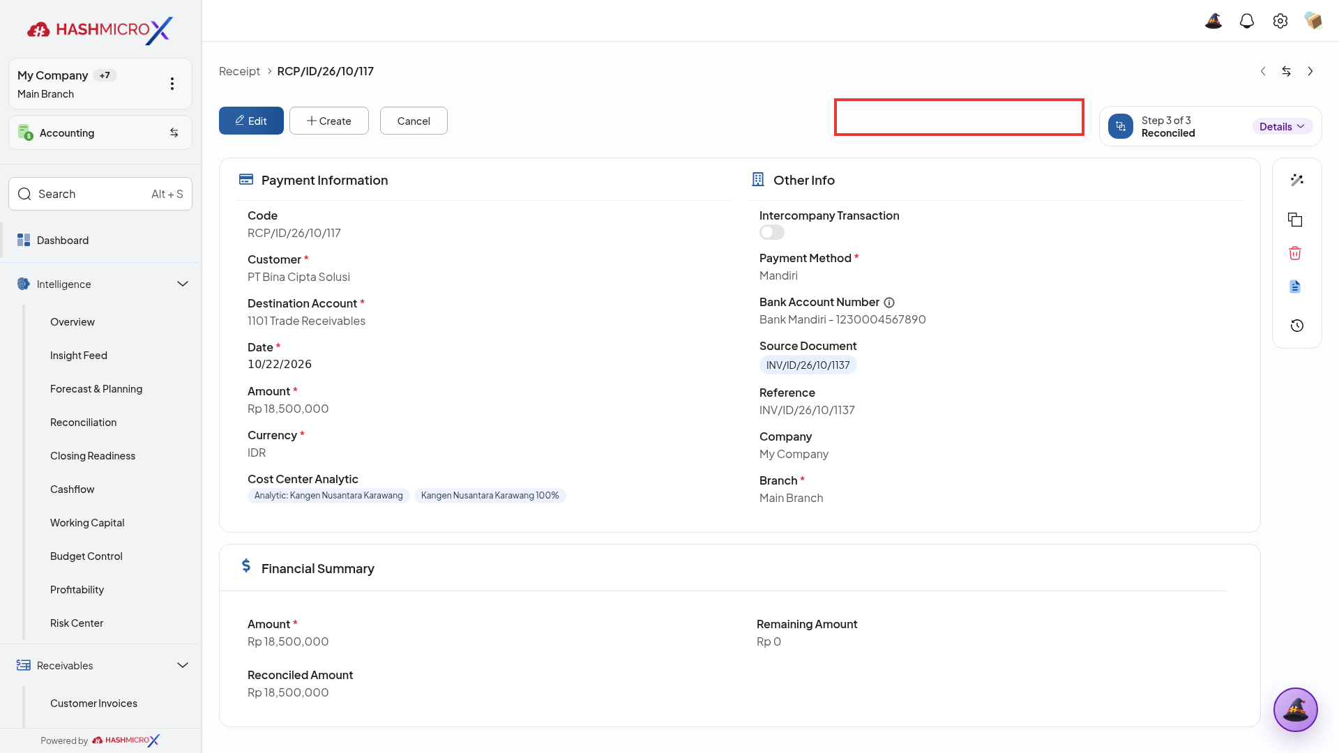 Formulir Customer Receipt dengan statusbar persetujuan approval terbingkai border merah